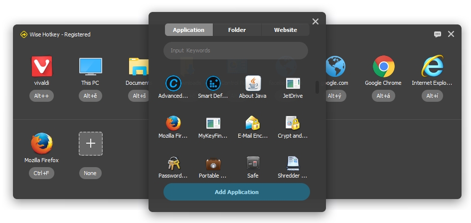 Přidání nové klávesové zkratky je naprosto snadné – stačí jen kliknout na volnou pozici s tlačítkem »+« a z otevřené nabídky zvolit instalovanou aplikaci, složku nebo webovou stránku, kterou klávesová zkratka otevře. Dokonce je k dispozici i vyhledávač aplikací dle názvu (»Input Keywords«). | Zdroj: Hotkey 1.2.8