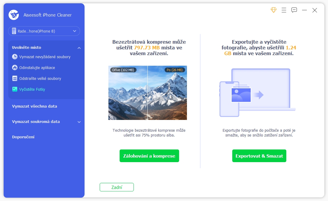 Dalším obřím konzumentem místa v telefonech jsou fotky. Aiseesoft iPhone Cleaner vám může pomoci dvěma způsoby – exportem fotek z iPhonu do počítače a jejich smazáním v telefonu, anebo zmenšením jejich velikosti pomocí bezeztrátové komprese. | Zdroj: iPhone Cleaner