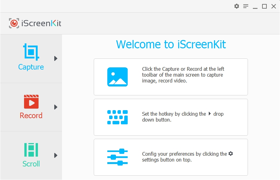 V úvodní nabídce programu iScreenKit si můžete vybrat mezi pořízením snímku vybrané části pracovní plochy či okna aplikace, záznamem videa z pracovní plochy a/nebo webkamery nebo pořízením dlouhého snímku se skrolováním přes obrazovku. | Zdroj: iScreenKit