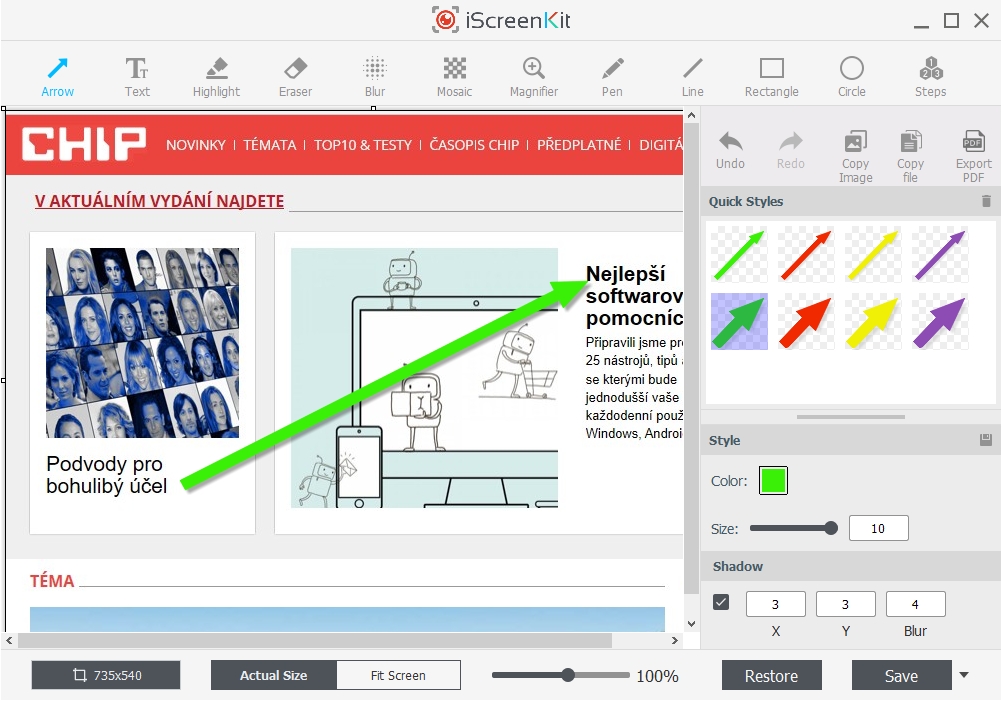 Pořízený snímek obrazovky se rovnou otevře v editoru, kde lze doplňovat textové popisky, šipky a další tvary nebo třeba aplikovat filtry na rozostření či „rozkostičkování“ vybraných částí obrazu. Pořízené videozáznamy lze stříhat a pak uložit jako GIF animaci nebo MP4 video. | Zdroj: iScreenKit