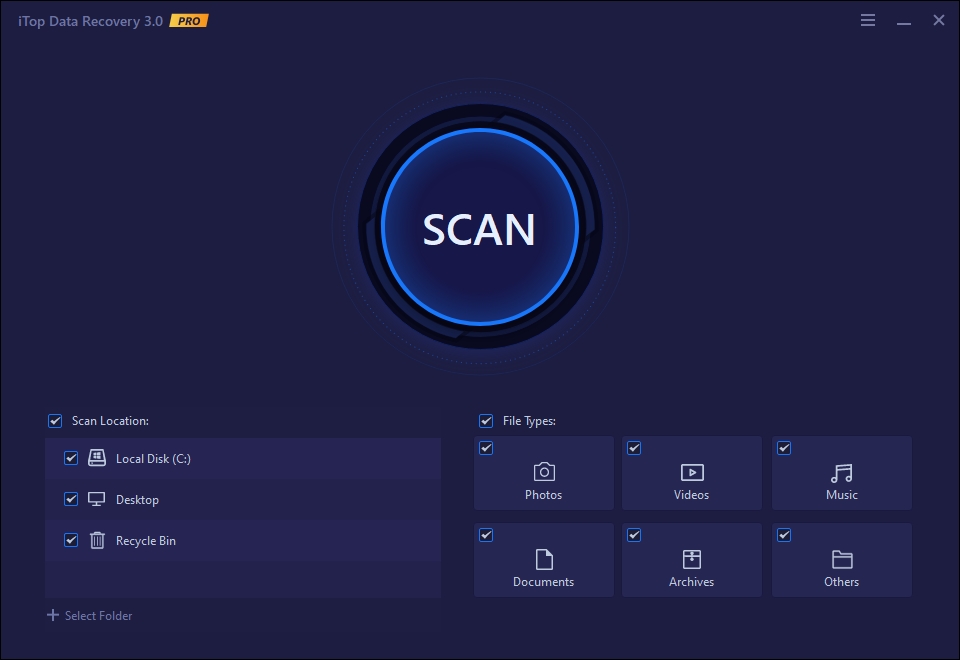 V úvodním okně programu iTop Data Recovery se můžete hned rozhodnout, ze kterých umístění a jaká data se budete chtít pokusit obnovit. Je rozumné omezit skenování skutečně jen na určité disky a typy dat – ušetříte tím spoustu času, především pokud jde o prohledávání velkých disků. | Zdroj: iTop Data Recovery 3.0 Pro