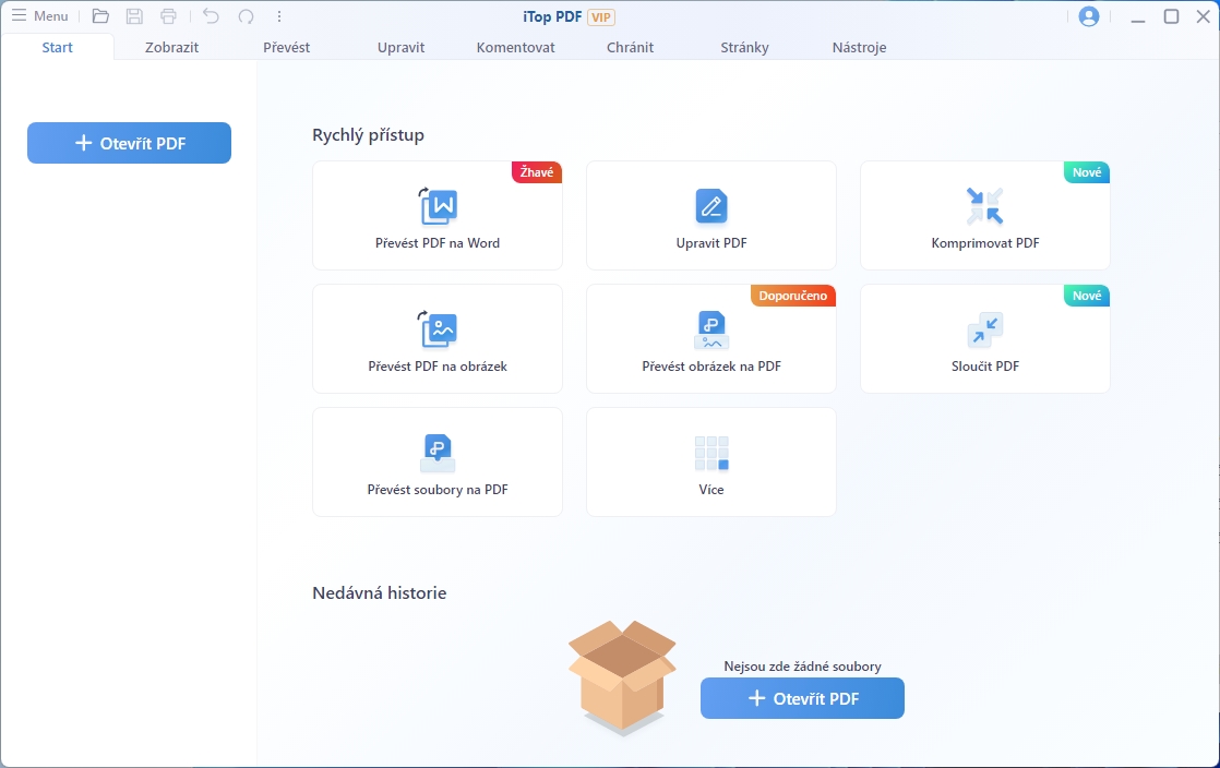 Nejdůležitější funkce programu iTop PDF najdete hned v jeho úvodním okně. Stejně tak z něj můžete rychle otevřít nově nebo naposledy zpracovávané PDF soubory. Další funkce programu najdete přehledně roztříděné na jednotlivých kartách. | Zdroj: iTop PDF 3