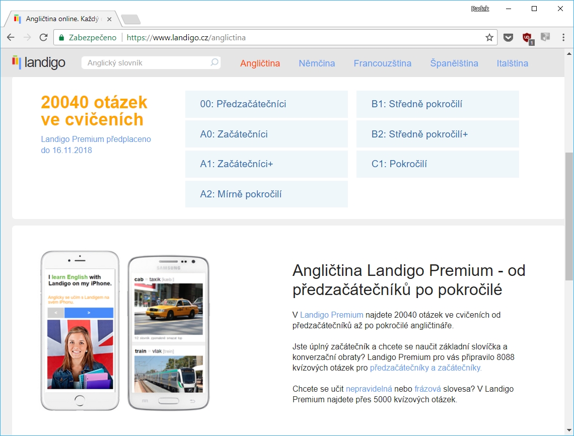 Výuka a trénink cizího jazyka ve službě Landigo probíhá výhradně prostřednictvím webového rozhraní v internetovém prohlížeči. Můžete si přitom zvolit výchozí znalost jazyka a následně i témata testových otázek. Celkem je k dispozici přes 28 tisíc otázek. | Zdroj: Landigo Premium angličtina