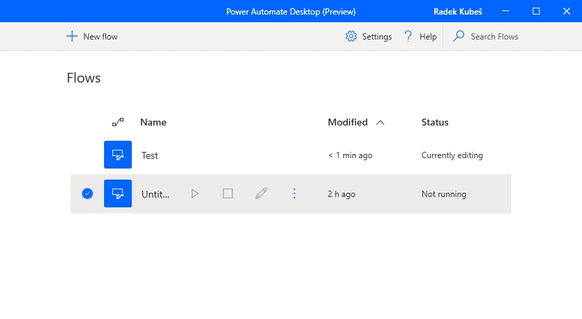 Automatizační nástroj Power Automate Desktop se spouští společně se startem Windows, běžní na pozadí a provádí úlohy dle vašeho nastavení. V ovládacím panelu najdete seznam vytvořených úloh, společně s informacemi o poslední změně a aktuálním stavu. | Zdroj: Microsoft Power Automate Desktop