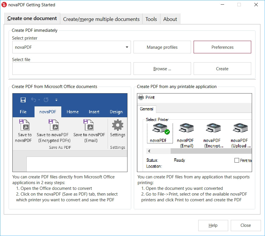 Program novaPDF se instaluje jako nová tiskárna a podobným způsobem se i používá. V hlavním okně programu jsou funkce na vytváření profilů nastavení a globální předvolby pro generování PDF souborů. Najdete zde i informaci, že se funkce programu novaPDF integrují do aplikací Microsoft Office, kde si na pásu karet vytvoří vlastní kartu. | Zdroj: novaPDF 11 Lite