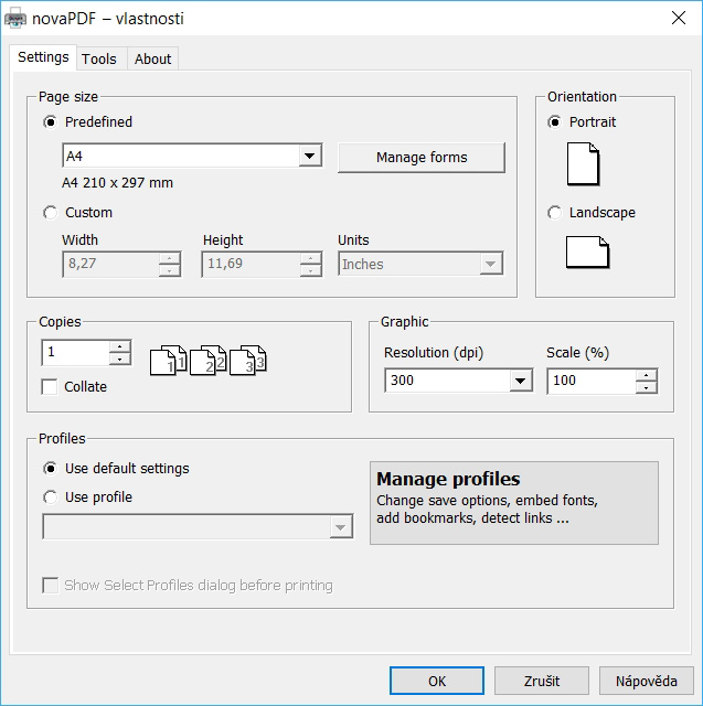 Tlačítkem »Preferences« lze vyvolat okno s globálním nastavením novaPDF pro tvorbu PDF dokumentů. Najdete zde například předvolby velikosti a orientace stránek, počet vytvářených kopií nebo rozlišení grafiky. Zajímavější ovšem může být nastavení profilů exportu PDF dokumentů. | Zdroj: novaPDF 11 Lite
