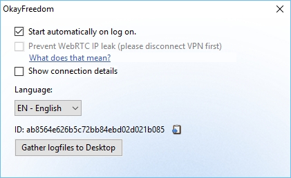 Nabídka »Settings« programu OkayFreedom VPN nabízí v podstatě jen přepínání jazykové verze (čeština bohužel k dispozici není) a automatickou aktivaci šifrování a přesměrování internetového připojení po spuštění a přihlášení k Windows. Pokud nutně nechcete směrovat veškerý síťový provoz přes OkayFreedom VPN, zrušte onačení předvolby »Start automatically on log on«.