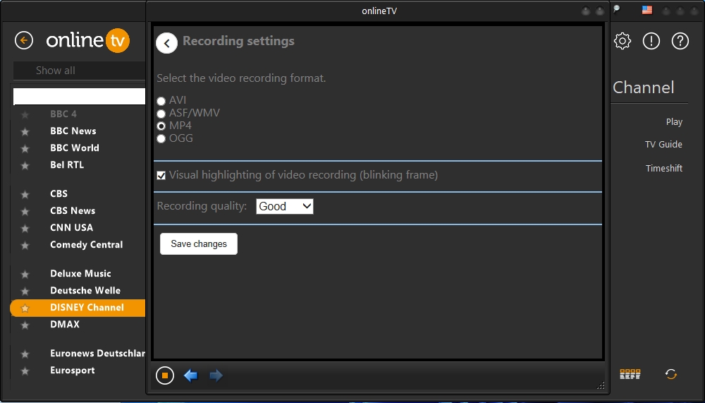Program onlineTV ve výchozím nastavení ukládá videozáznamy internetových streamů do formátu ASF/WMV. Daleko vhodnější formát MP4 si musíte nastavit sami. Tlačítkem s ozubeným kolem proto otevřete hlavní nabídku a přejděte na „Settings | Recording settings“, kde si zvolíte jiný formát záznamu. | Zdroj: onlineTV 18