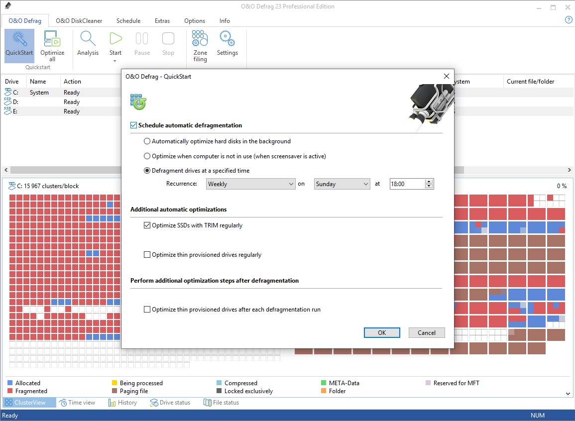 V programu O&O Defrag můžete nastavit automatické kontroly defragmentace disku v předem určených intervalech nebo zapnout možnost defragmentovat disk v době, kdy počítač nevyužíváte a je aktivní screen saver. Pro možnost nastavení uvedených vlastností použijte tlačítko »QuickStart«. | Zdroj: O&O Defrag 23 Pro