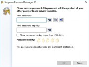 Při prvním spuštění si Steganos Password Manager vyžádá vytvoření nového hlavního hesla. Toto hlavní heslo, k jehož vytvoření lze využít i vestavěný generátor hesel, může být uloženo i na USB flash disku, nebo jej může reprezentovat sekvence obrázků. V každém případě si zvolte bezpečné heslo (alespoň 8 znaků v kombinaci velkých a malých písmen, číslic a speciálních znaků) a dobře si jej uložte či zapamatujte.