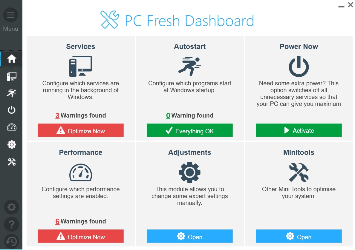Ve výchozím okně (»Dashboard«) zobrazuje PC Fresh informace o aktuální kondici vašeho počítače, společně s upozorněními na možnosti další optimalizace výkonu. Kliknutím na »Optimize Now« vyvoláte příslušnou funkci, která provede optimalizaci zcela automaticky. | Zdroj: PC Fresh 2021