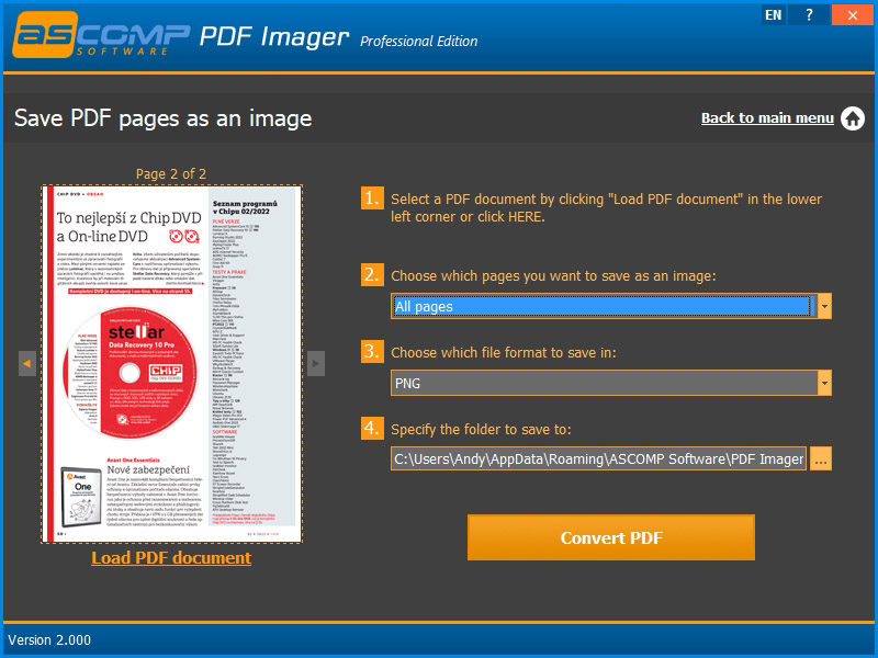 Dokument PDF přidáte pomocí tlačítka Load PDF document. Vyberte soubor a přejděte na stránku, kterou chcete převést. Dále vyberet formát, ve kterém chcete soubor uložit a složku exportu. | Zdroj: PDF Imager