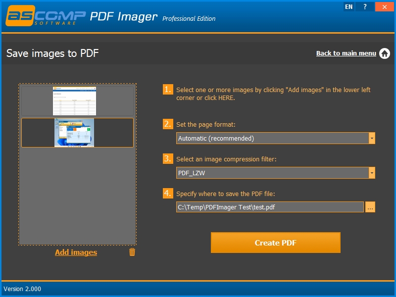 Jeden nebo více obrázků můžete převést do vícestránkového dokumentu PDF. Načtete obrázky tlačítkem Add images, vyberete kompresní metodu obrázků v budoucím dokumentu PDF a složku exportu. | Zdroj: PDF Imager