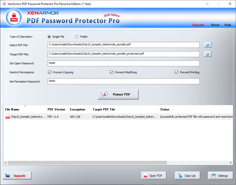 Použití programu XenArmor PDF Password Protector Pro těžko může být jednodušší. Stačí jen zvolit PDF soubor k zabezpečení heslem, zvolit si heslo k otevření a případě i k zákazu kopírování obsahu, úprav a tisku a pak už stačí jen kliknout na »Protect PDF«. | Zdroj: PDF Protector and Remover