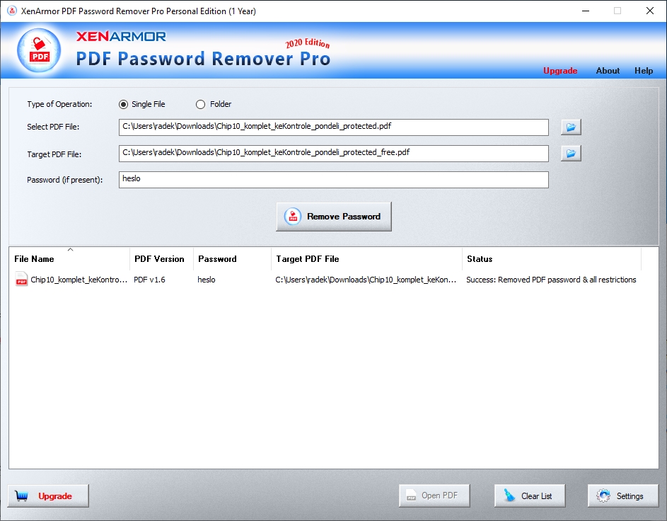 Odstranění ochrany PDF dokumentů s použitím programu XenArmor PDF Password Remover Pro je také velmi snadné. Zvolíte zamknutý dokument, vložíte příslušné heslo a pokračujete kliknutím na »Remove Password«. Původní PDF soubor nebude přepsán, ale vytvoří se jeho kopie bez ochrany heslem. | Zdroj: PDF Protector and Remover