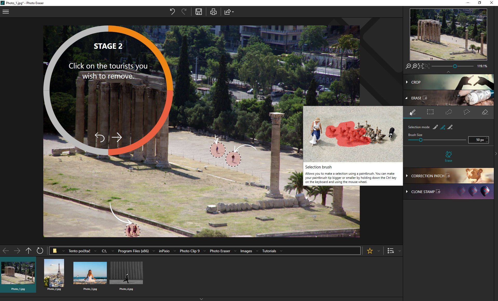 Program Photo Eraser je určen k snadnému odstranění nežádoucích objektů z fotografií. Kromě samotných nástrojů obsahuje i čtyři návody pro snadné a rychle seznámení s jejich použitím. V prvním návodu se tak např. naučíte, jak pomocí nástroje štětec na kartě »Erase« odstranit z fotografie nežádoucí postavy turistů. | Zdroj: Photo Clip 9 Pro