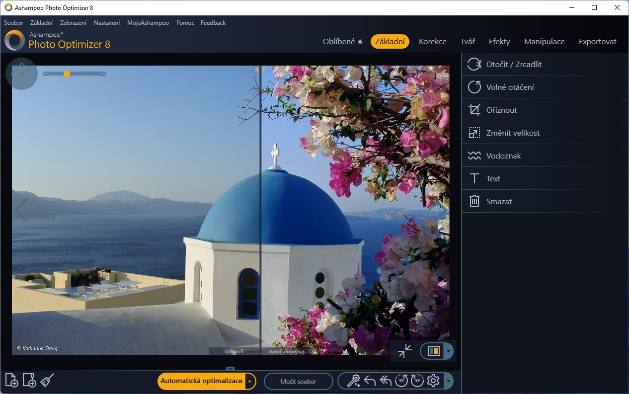 Pokud se nechcete úpravami fotek příliš zdržovat, stačí je v programu Ashampoo Photo Optimizer otevřít snímek ke zpracování a kliknout na tlačítko „Automatická optimalizace“. Během okamžiku bude připraven náhled upraveného snímku, se kterým můžete dále pracovat, nebo jej rovnou uložit. | Zdroj: Photo Optimizer 8