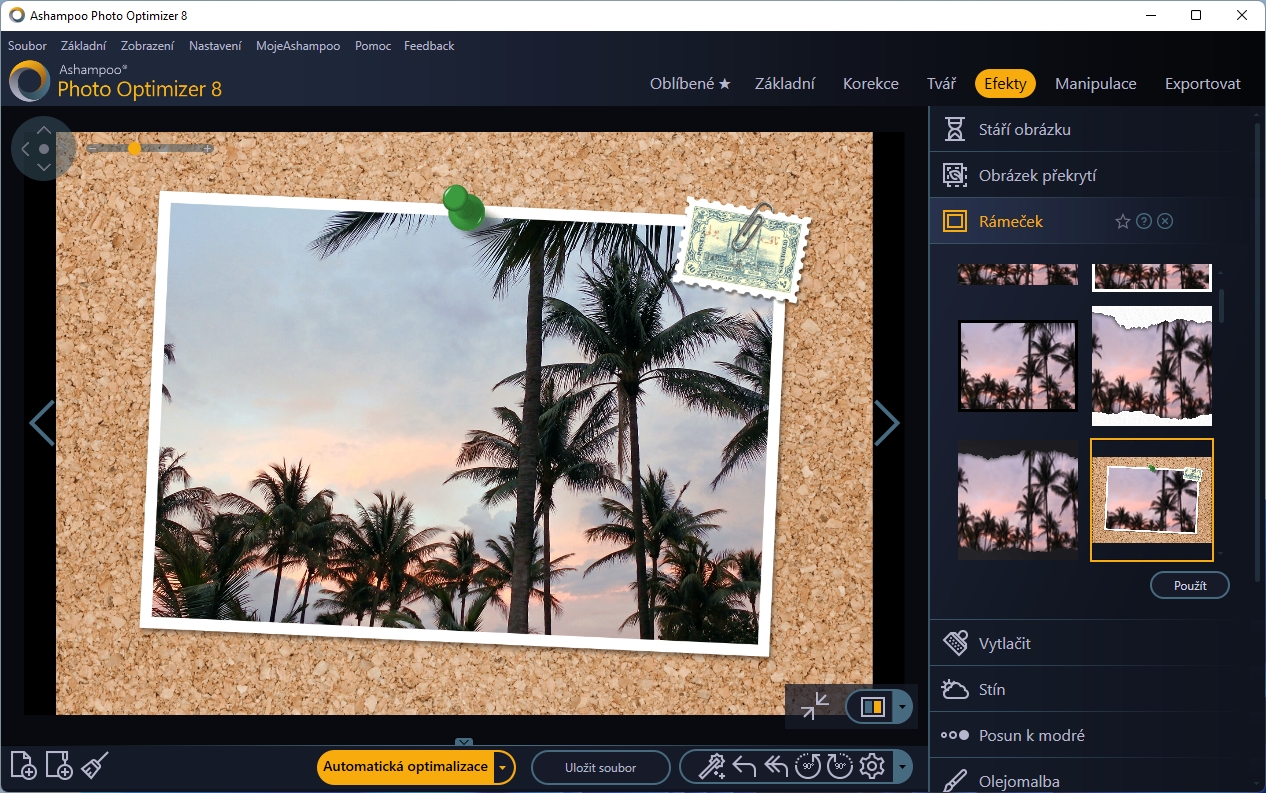 Nakonec můžete upravenou fotku opatřit třeba rámečkem a uložit ji ve vybraném formátu. Vždy vám samozřejmě doporučujeme ukládat upravené fotky do jiné složky, aby zůstaly zachovány i originály snímků. Uložit si můžete i oblíbené kroky při úpravách fotek. | Zdroj: Photo Optimizer 8