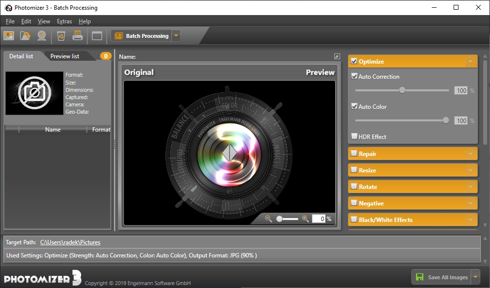 Hlavní okno aplikace Photomizer je velmi přehledné a obsahuje seznam fotek k úpravám, rozdělený náhled zpracovávaného snímku před a po úpravách a samozřejmě také ovládací prvky funkcí na optimalizaci snímků s manuálním nastavením parametrů. | Zdroj: Photomizer 3 Premium