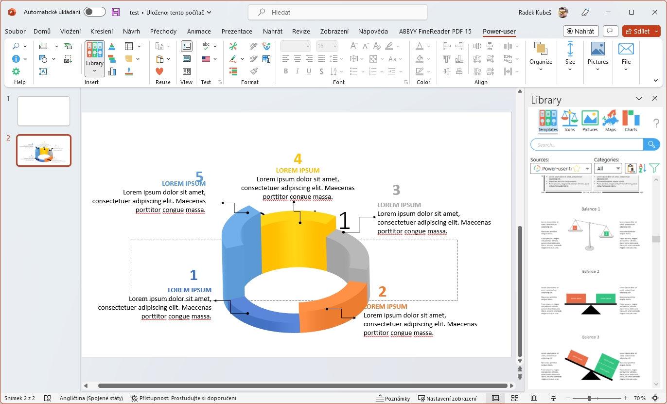 Efekt prezentací vytvářených v PowerPointu nemusíte dohánět jen animacemi a přechodovými efekty. Power-user Premium doplní kartu plnou zajímavých prvků, jako jsou různá schémata a grafy nebo šablony, se kterými budou vaše prezentace mnohem zajímavější. | Zdroj: Power-user Premium