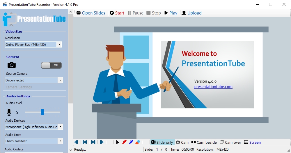 Veškeré ovládání aplikace PresentationTube Recorder se odehrává v jediném, hlavním okně programu. Zatímco na levé straně okna si můžete zvolit především rozlišení záznamu prezentace, vpravo se ovládá posun snímků prezentace a také samotné nahrávání a jeho doplňkové funkce. | Zdroj: PresentationTube Recorder 4 Pro