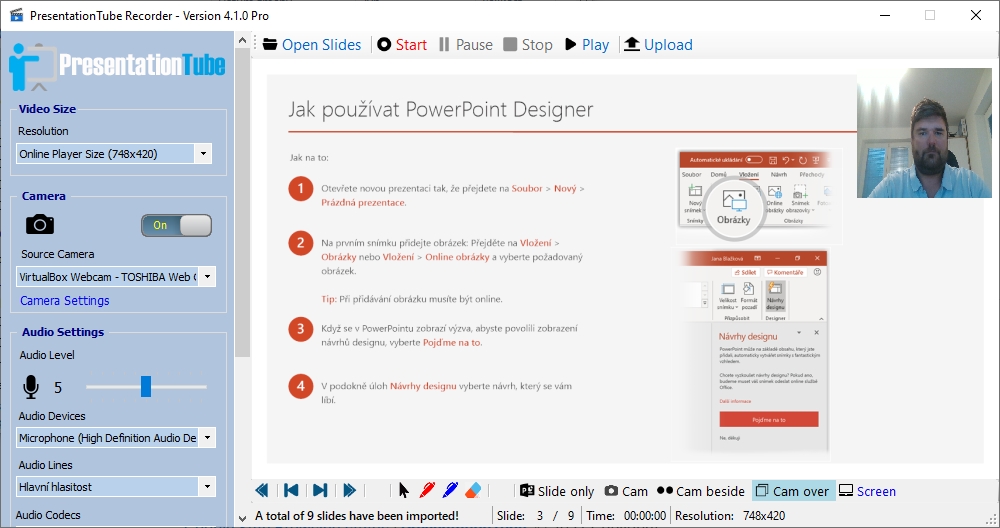 Pokud chcete do záznamu prezentace vložit také záběr z vaší webkamery, máte hned několik možností, jak to udělat. Záběr z kamery může být v malém okně v pravém horním rohu prezentace, vedle prezentace, nebo jej můžete přepnout do režimu celé obrazovky. | Zdroj: PresentationTube Recorder 4 Pro