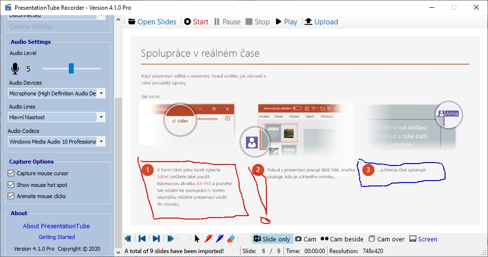 Na spodní straně okna aplikace PresentationTube Recorder nejdete nejen ovládací prvky pro posun snímků prezentace, ale také nástroje na zvýraznění důležitých informací a také kreslení do prezentace nebo na prázdné snímky. Vlevo dole pak můžete upravovat chování kurzoru myši, resp. jeho animace v záznamu prezentace. | Zdroj: PresentationTube Recorder 4 Pro