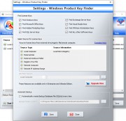 Kliknutím na tlačítko »Settings« vyvoláte předvolby nastavení programu Windows Product Key Finder, kde si můžete zvolit základní typy aplikací, ke kterým budou v registru vyhledávány licenční klíče. Výrobce upozorňuje, že z technických důvodů nelze získat licenční klíč k Office 2016 a 2019.