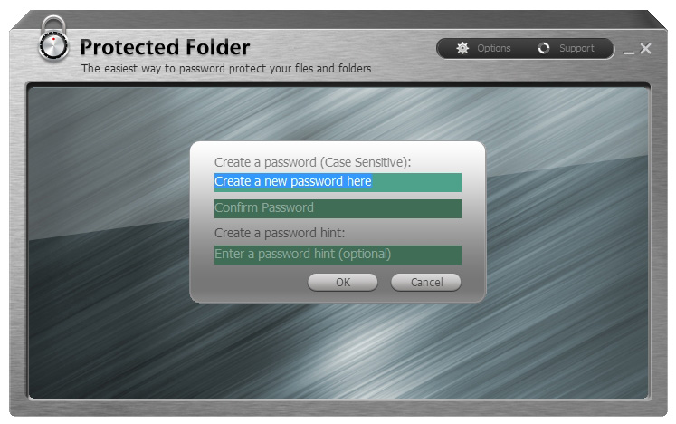 Aby mohl program Protected Folder spolehlivě chránit vaše soubory, je třeba při jeho prvním spuštění zvolit dostatečně silné hlavní heslo. Protected Folder vám nedovolí použít heslo kratší než 6 znaků, pokud to ovšem myslíte s bezpečností opravdu vážně, neváhejte ještě alespoň dva znaky přidat. | Zdroj: Protected Folder