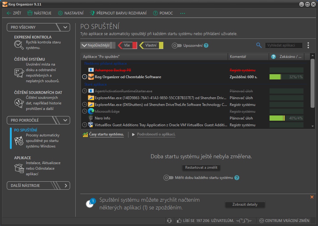 Mezi funkcemi pro pokročilé uživatele je zajímavý především nástroj „Po spuštění“, zobrazující nejen přehled programů a služeb, automaticky spouštěných se startem počítače, ale rovněž i naměřené časy několika posledních spuštění počítače. Díky tomu ihned vidíte, jaký je výsledný efekt optimalizace. | Zdroj: Reg Organizer 9