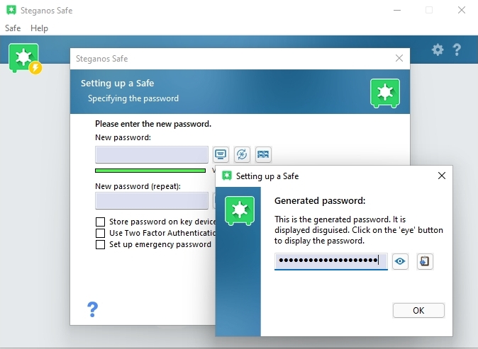 Důležitá je samozřejmě volba správného hesla na ochranu vašich dat. Zde nabízí Steganos Safe několik možností. Předně můžete klasickým způsobem zadat heslo, jehož sílu program ihned vyhodnotí. K dispozici je i generátor hesel, stejně jako možnost mít heslo na USB flash disku nebo použít dvoufaktorového ověřování. | Zdroj: Safe 22