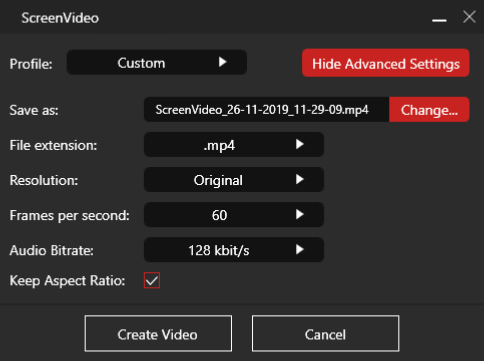 Jakmile snímání videa ukončíte, zobrazí se dialogové okno pro nastavení výstupního formátu a kvality vytvořeného záznamu. Nastavte požadované parametry vytvářeného videosouboru, poté klikněte na tlačítko »Create Video« a vyčkejte, dokud se záznam neuloží. | Zdroj: ScreenVideo 2021