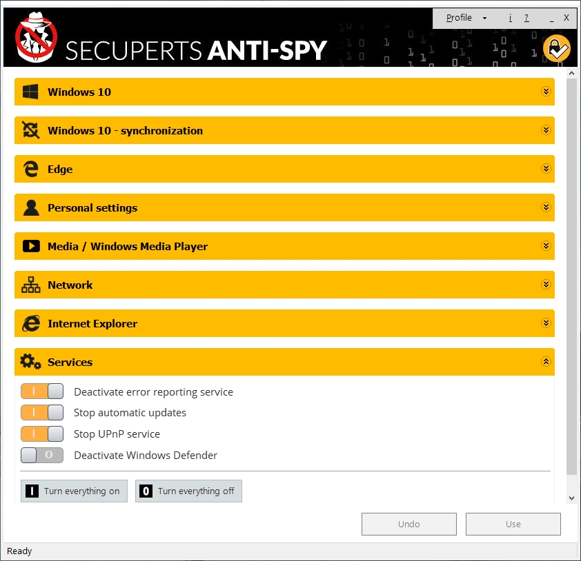 Předvolby nastavení jsou v programu Anti-Spy 2020 členěny do několika kategorií, takže si můžete rychle vybrat, zdali budete konfigurovat odesílání informací z Windows 10, předvolby síťového připojení nebo třeba nastavení internetových prohlížečů Edge a Internet Explorer. | Zdroj: SecuPerts Anti-Spy