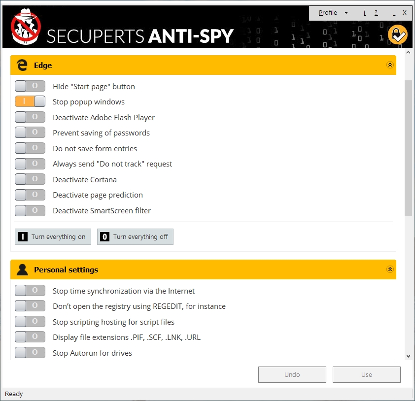 Jednotlivé předvolby operačního systému Windows 10 a standardních aplikací lze ovládat individuálně, nebo hromadně tlačítky „Turn everything on“ a „Turn everything off“. Celkem je k dispozici více než osm desítek předvoleb. Provedená nastavení potvrďte tlačítkem „Use“. | Zdroj: SecuPerts Anti-Spy