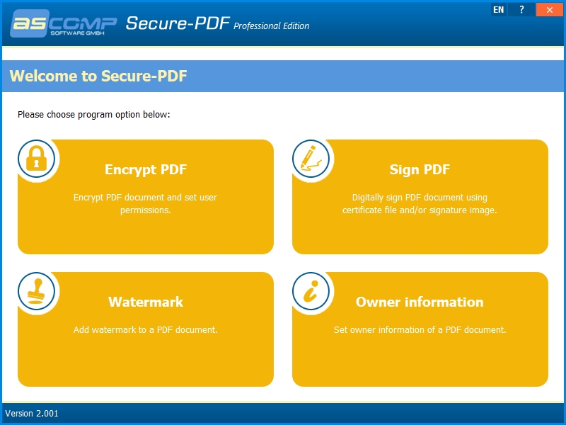 Program Secure-PDF má čtyři hlavní okruhy funkcí – zašifrování obsahu PDF souborů, vložení vodoznaku, opatření PDF dokumentů digitálním podpisem a pak také doplnění informací o tvůrci daného PDF souboru. Použití těchto funkcí je velmi snadné. | Zdroj: Secure-PDF