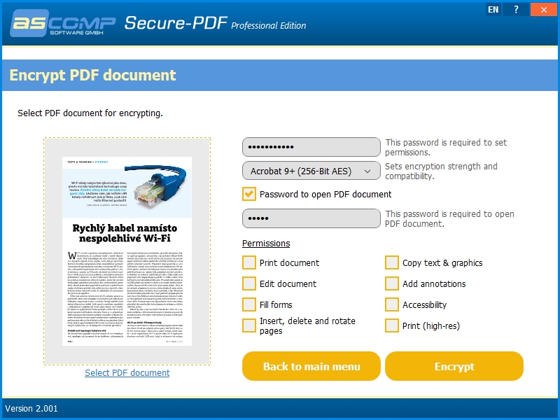 Pro zamykání PDF souborů se používají hned dvě hesla – jedním z nich je chráněn obsah PDF dokumentu před kopírováním, tiskem nebo jakoukoli změnou. Druhé heslo pak může sloužit pro samotné otevření zašifrovaného PDF souboru. | Zdroj: Secure-PDF