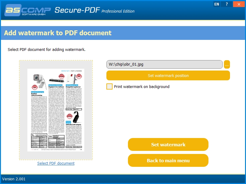 Secure-PDF umí jako vodoznak vložit do PDF dokumentu prakticky libovolný obrázek, jehož velikost a umístění si sami upravíte v náhledu stránky, kterou chcete vodoznakem opatřit. Textové vodoznaky Secure-PDF do PDF souborů vkládat neumí. | Zdroj: Secure-PDF