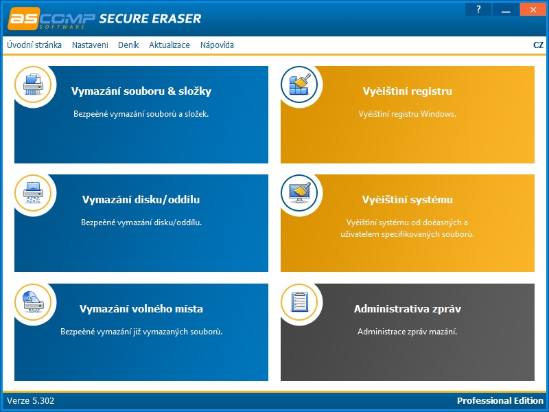Secure Eraser používá renomovanou metodu vymazání dat a přepisuje citlivé informace takovým způsobem, že je nelze znovu získat zpět. Aplikace nabízí vymazání souborů a složek, vymazání disku nebo oddílu, vymazání volného místa, vyčištění registru a vyčištění systému. | Zdroj: Secure Eraser 5 Pro