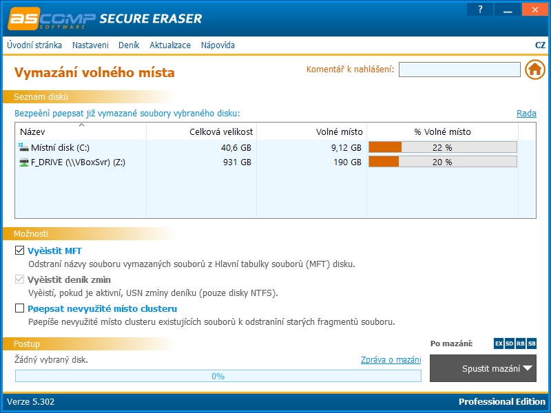 Specialitou je i likvidace dat volného místa na na disku. Secure Eraser najde volné místo na disku a přepsání tohoto místa z něj odstraní jakékoliv stopy po předchozích souborech, ab nemohly být obnoveny. | Zdroj: Secure Eraser 5 Pro