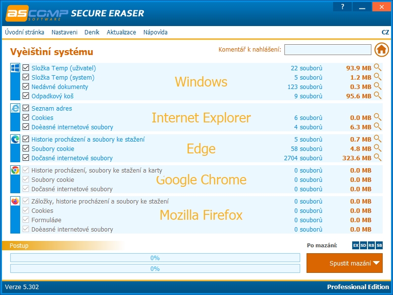 V nabídce funkce vyčištění systému můžete najít jak mazání dočasných složek (temp) a koše, tak i speciální funkce pro mazání dočasných souborů, historie, cookie a formulářů internetových prohlížečů MSIE, Edge, Chrome a Firefox. | Zdroj: Secure Eraser 5 Pro