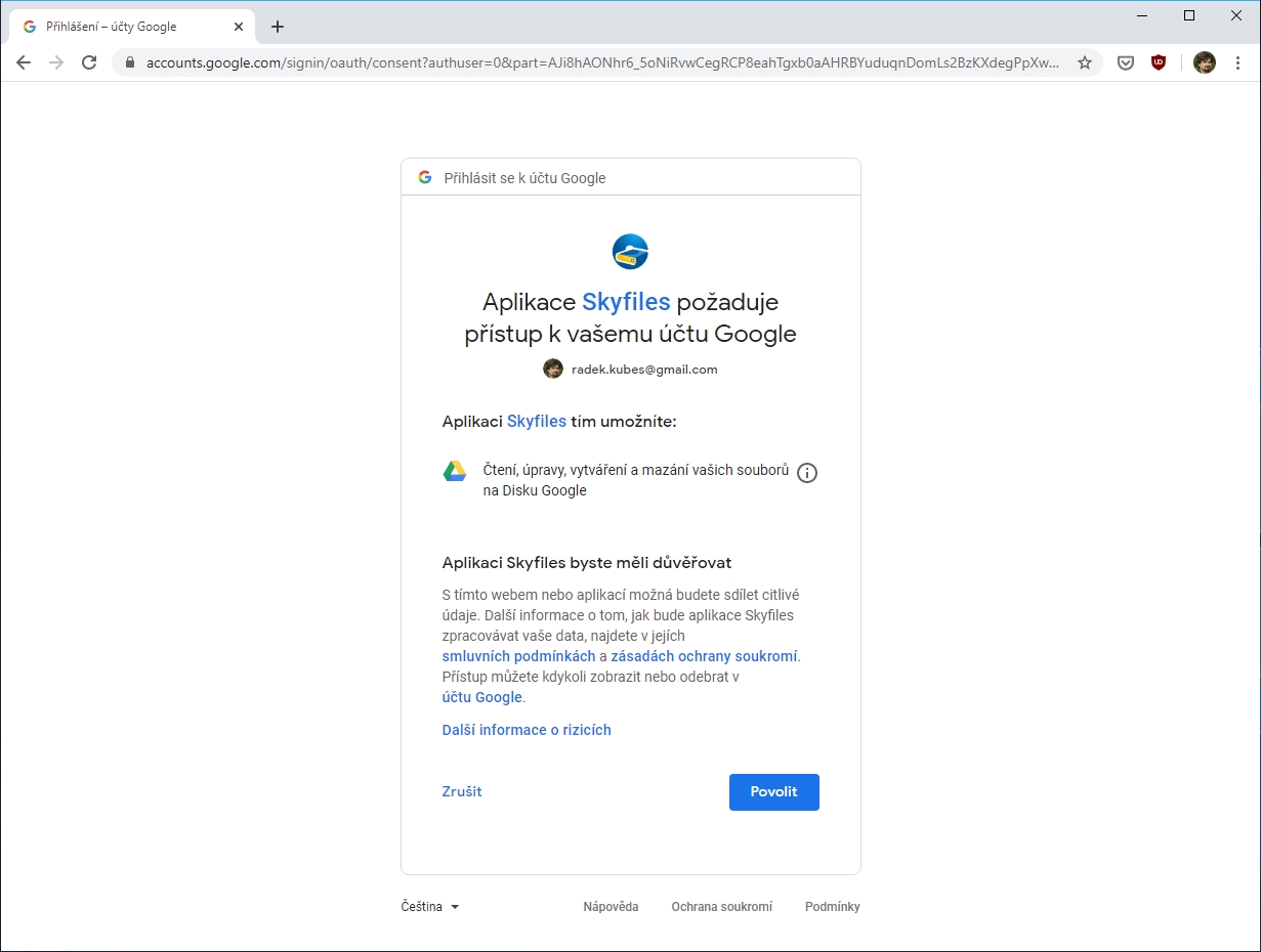 Klíčovým krokem instalace programu Skyfiles je jeho propojení s vaším účtem Google. Při prvním spuštění otevře aplikace webovou stránku, kde se přihlásíte ke svému účtu a povolíte programu Skyfiles přístup k obsahu vašeho Disku Google. | Zdroj: Skyfiles 4.0