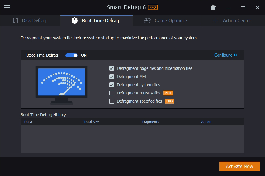Karta »Rozšířená defragmentace« nabízí zkušeným uživatelům možnost upravit nastavení nástroje pro defragmentaci disku při startu počítače. Můžete zde např. vypnout/zapnout defragmentaci systémových souborů a souborů registru Windows nebo přímo vybrat konkrétní soubory, které budou při startu defragmentovány. | Zdroj: Smart Defrag 6 Pro