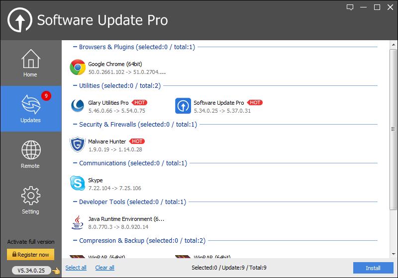 Nejdůležitější nabídka programu Glarysoft Software Update je připravena pod popiskem »Aktualizace« a najdete v ní seznam instalovaných aplikací, ke kterým je k dispozici aktualizace. Můžete si přitom zkontrolovat označení verzí a tlačítkem »Instalace« si stáhnout a následně instalovat nejnovější verzi dané aplikace. | Zdroj: Software Update Pro