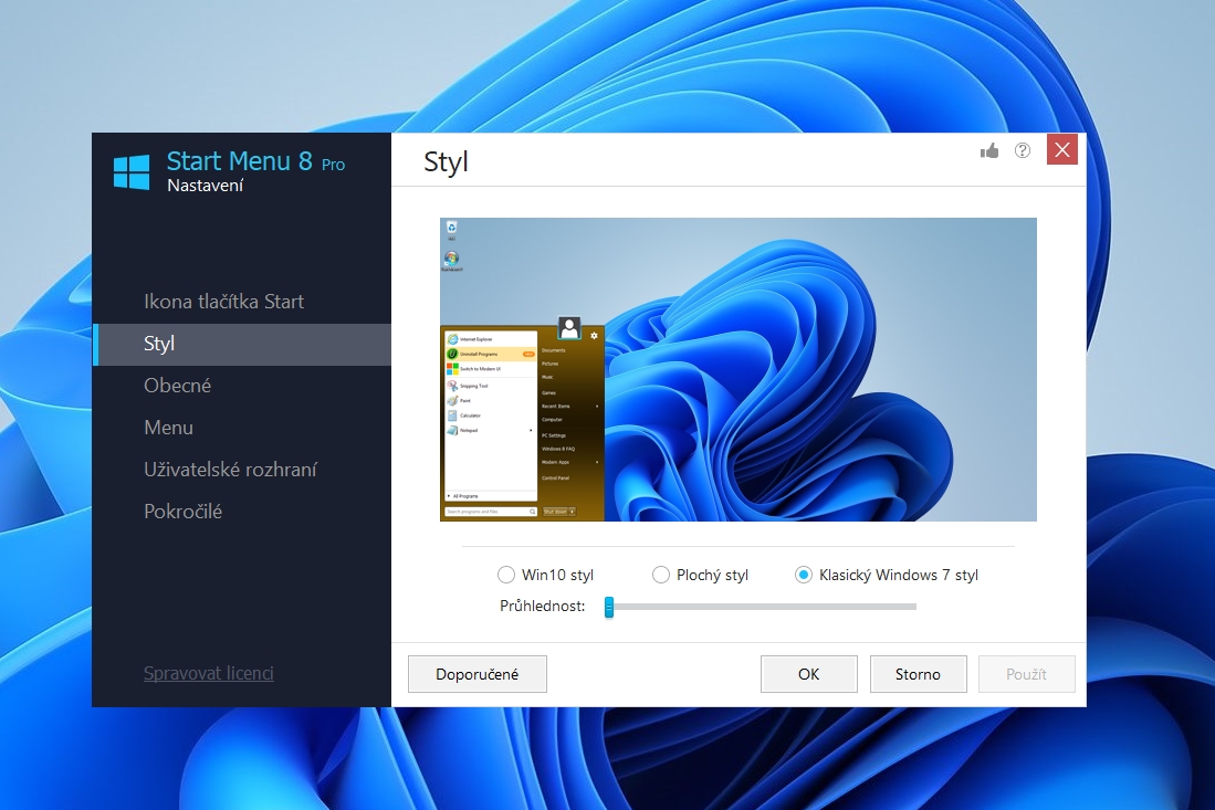 Nejdůležitější volbu programu IObit Start Menu 8 najdete v nabídce „Styl“. Zde si můžete vybrat mezi návratem k nabídce „Start“ z Windows 10, nebo ke stylu oblíbených Windows 7, dokonce s nastavením průhlednosti. Aby se změna projevila, je nutné přesunout v „Nastavení“ nabídku „Start“ doleva. | Zdroj: Start Menu