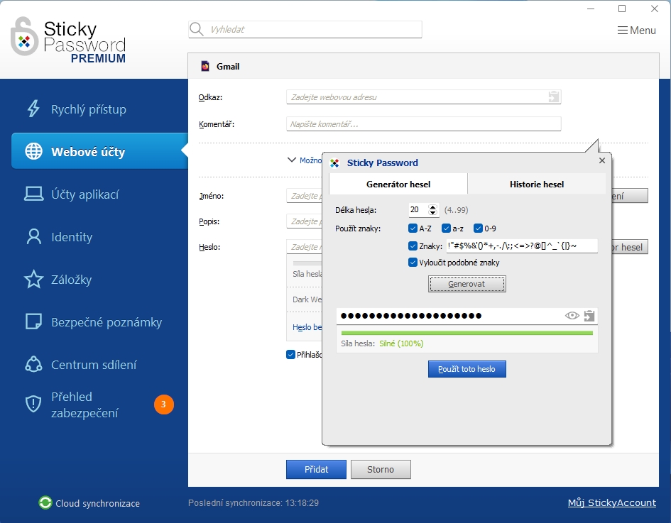 K jednotlivým webovým uživatelským účtům lze uložit odkaz, přihlašovací jméno a rovněž i heslo, které si můžete vytvořit s pomocí vestavěného generátoru hesel. Na důvěryhodných zařízeních lze aktivovat i automatické přihlašování, abyste nemuseli hesla vypisovat či kopírovat. V prohlížečích se už žádná hesla ukládat nebudou. | Zdroj: Sticky Password Premium