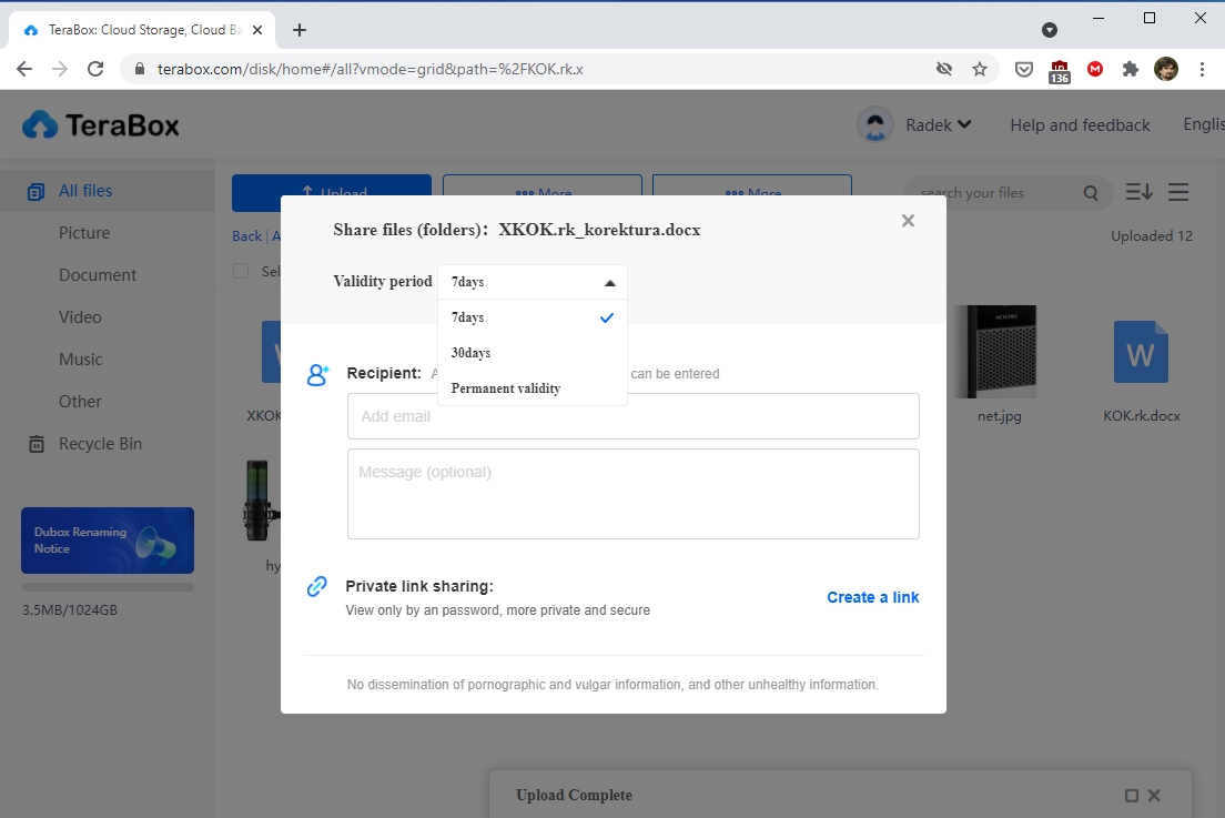 Soubory můžete z úložiště TeraBox sdílet s kýmkoli, komu pošlete přímý odkaz. Můžete si přitom zvolit, jakou dlouho bude tento odkaz platný, a navíc ještě opatřit sdílený soubor heslem. Následně se odkaz odešle přímo z webového rozhraní služby. | Zdroj: TeraBox Cloud