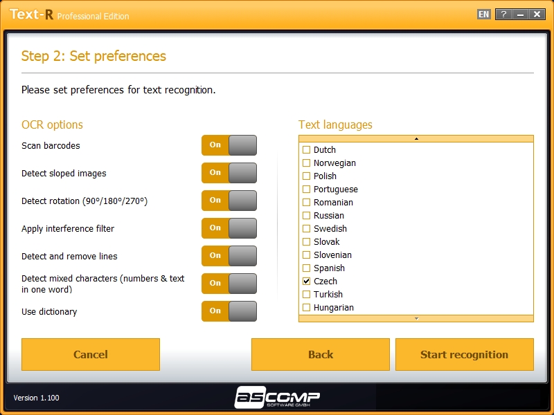 V nastavení programu Text-R je nutné zvolit jazyk rozpoznávaného textu. Dále je ve výchozím nastavení aplikace aktivována například i funkce na detekování otočeného nebo křivého zdrojového obrázku nebo třeba rozpoznání textů, kdy se v jenom slově kombinují písmena i číslice. | Zdroj: Text-R