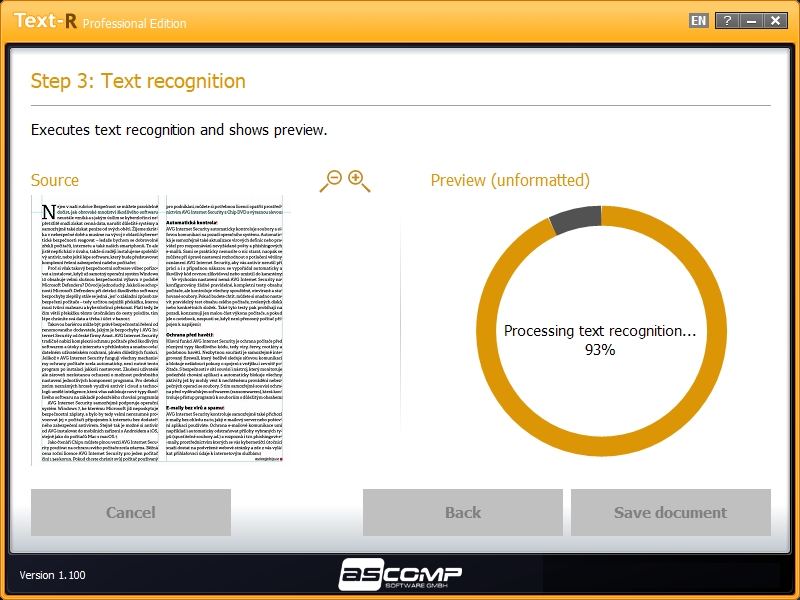 Rozpoznávání textu programem Text-R z předloh v podobě PDF dokumentů netrvá nijak dlouho a výsledkem je náhled získaného textu. Pokud jste nespokojeni, můžete se vrátit o krok zpět a upravit nastavení, jinak uložte text do zvolného výstupního formátu. | Zdroj: Text-R