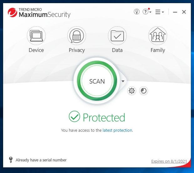Trend Micro Maximum Security pracuje na pozadí Windows a kontroluje všechny soubory na výskyt škodlivého kódu. V hlavním okně programu se zobrazuje informace o stavu zabezpečení počítače, společně s tlačítky pro vyvolání nastavení konkrétních bezpečnostních funkcí programu. | Zdroj: Trend Micro Maximum Security