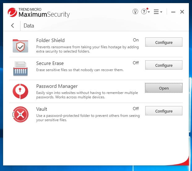 Z celé řady funkcí bezpečnostní aplikace Trend Micro Maximum Security stojí za pozornost především správce hesel s rozšířeními pro běžné internetové prohlížeče, funkce na bezpečné mazání nepotřebných dat nebo například šifrovaný trezor na důležité soubory uložené v počítači. | Zdroj: Trend Micro Maximum Security